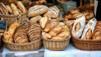 Wall Mural - A variety of authentic French breads, including baguettes and pain de campagne, displayed in wicker baskets at a bustling Paris market.