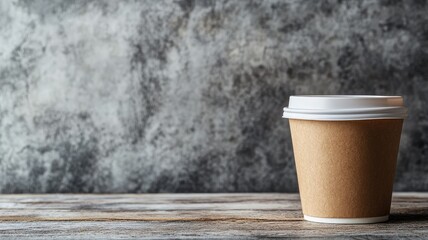 Takeaway coffee cup with lid on rustic wooden table, against textured wall backdrop