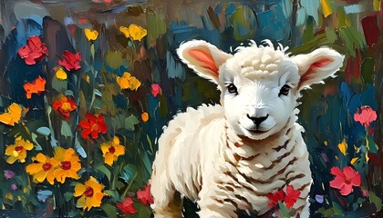 Wall Mural - Joyful white lamb frolicking in a vibrant flower garden with expressive grungy brush textures in an oil painting style