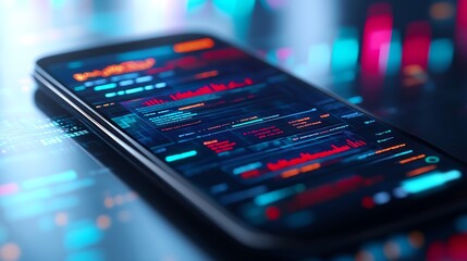 Mobile phone displaying vibrant data on screen, technology concept.