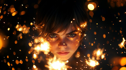 Wall Mural - A young woman is surrounded by sparks and fire, creating a dramatic