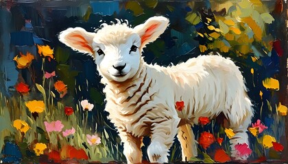 Wall Mural - Joyful white lamb frolicking in a vibrant flower garden with expressive grungy brush textures in an oil painting style