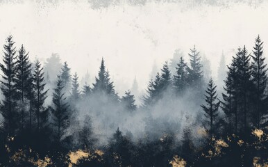 Wallpaper design featuring tree silhouettes, forest view, oil painting, brush texture, pattern design, and mural art with a forest view.