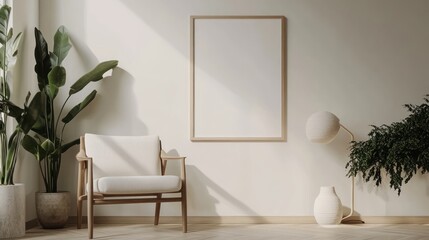 Wall Mural - Minimalist living room with white armchair, potted plants, lamp, and a blank frame.