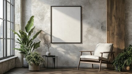 Wall Mural - Interior design with a large blank poster, armchair, wooden floor, and plants.