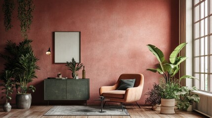 Wall Mural - Minimalist Living Room with Red Wall and Large Window.