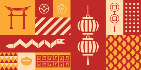 chinese new year geometric seamless pattern. modern asian snake shio year elements. isolated on back