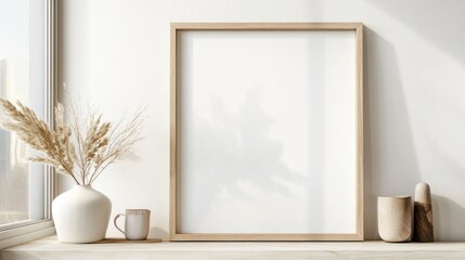 Wall Mural - Blank Frame Mockup with Natural Decor on White Wall.