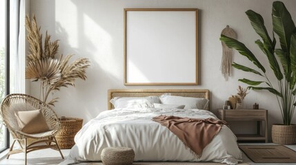 Wall Mural - Cozy bedroom with a rattan bed, a blank frame, and pampas grass decor.