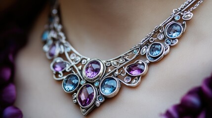 Wall Mural - Close-up of a silver necklace with brilliant amethyst and aquamarine gems resting on a womanaes neck, with a focus on the intricate design.