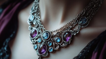 Wall Mural - Close-up of a silver necklace with brilliant amethyst and aquamarine gems resting on a womanaes neck, with a focus on the intricate design.