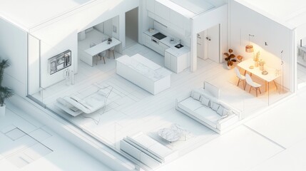 Wall Mural - White outline of a living room and kitchen with furniture.