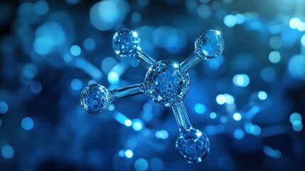 Sticker - closeup of a glowing blue molecule with blurred bokeh background.
