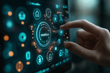 A hand is touching a screen with glowing icons and a 