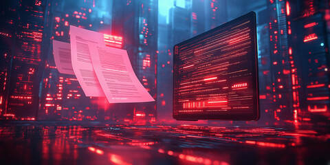 A futuristic city scene with glowing documents and a computer screen displaying digital code