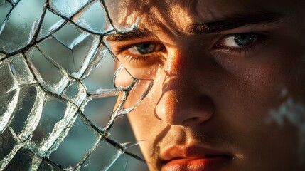 Close-up of a man's face behind shattered glass.