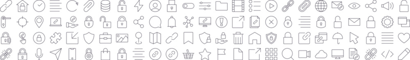 Interface Line Icon Bundle. Modern Collection for Design, Web Sites, Apps, Cards. Contains Linear Images of Share, Coding, Like, Bookmark, Menu