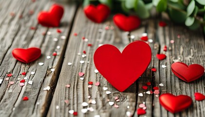 Wall Mural - Rustic wedding invitation design featuring red hearts on a wooden backdrop