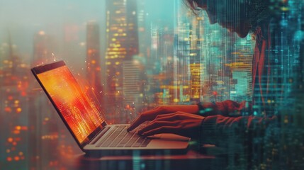 Poster - a person's hand typing on a laptop with a blurred cityscape in the background and overlayed on the i