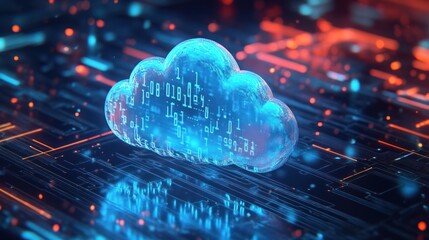Wall Mural - abstract 3d rendering of a blue cloud with binary code and circuits on a dark background.