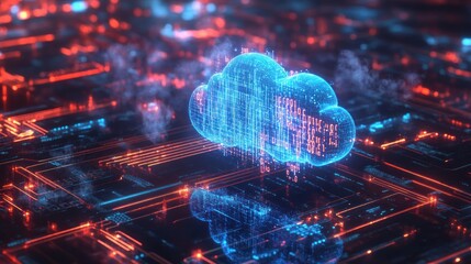 Poster - A glowing blue cloud shape made of digital code sits over a glowing red circuit board.