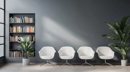 Wall Mural - minimalist waiting area with four white chairs, a bookshelf filled with books, a potted plant, and a