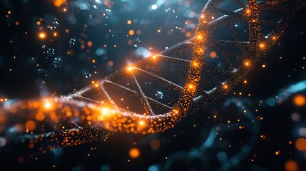 Sticker - abstract glowing dna helix with bokeh lights on a dark background.