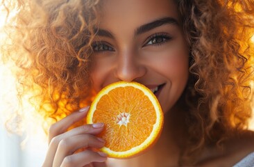 Portrait of beautiful young woman with curly hair holding orange slice and smiling, close-up. Healthy lifestyle concept, glowing skin tone, beauty and skin care. Bright sunlight and sun rays