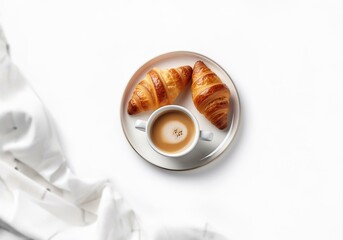 A white plate with two croissants and a cup of coffee on a white background.