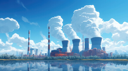 Power Plant with Towering Smokestacks and Cooling Towers