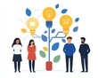 © Yelloone - Diverse team standing around a plant with light bulbs representing ideas and growth.