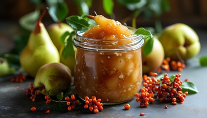 Wall Mural - Homemade pear jam in a glass jar surrounded by fresh organic fruits