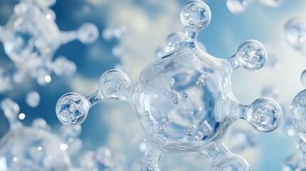 Sticker - close-up of a clear glass molecule against a blue and white background with bokeh effect.