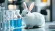 © B 7 YOU - White rabbit sitting on table with beakers in laboratory.