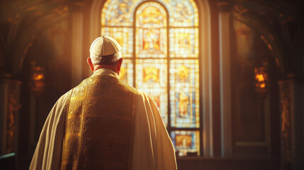 A bishop wearing intricate gold-embroidered robes stands inside a grand cathedral, with golden altars and detailed architecture in view.
