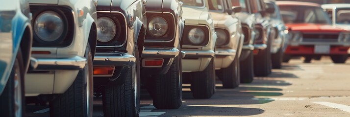 A line of classic cars showcases vintage design, featuring polished exteriors and distinctive headlights against a sunny backdrop.