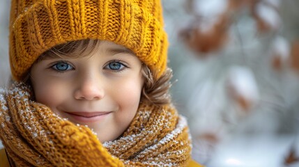 Canvas Print - Smiling Child in Yellow Knitwear in Snowy Setting