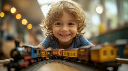 A smiling young boy playing with a toy train set