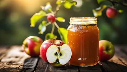 Canvas Print - Delightful jar of homemade apple jam alongside a vibrant selection of fresh, juicy fruits