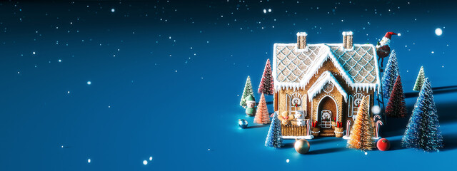 Wall Mural - Cute Christmas gingerbread house with variety of colorful pine trees on blue background with copy space. Beautiful Christmas scene greeting card design. 3D Rendering, 3D Illustration