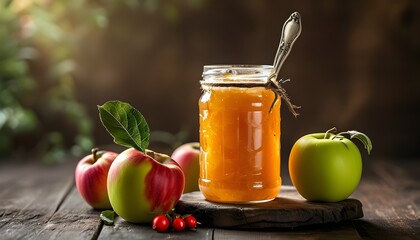 Canvas Print - Delightful jar of homemade apple jam alongside a vibrant selection of fresh, juicy fruits