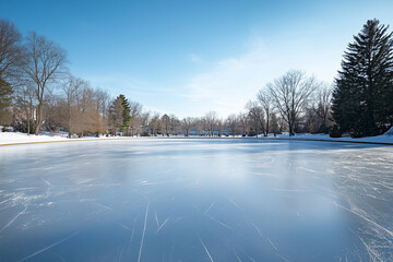 a frozen lake with snow on the banks
