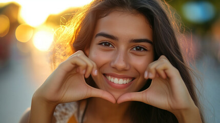 A young smiling woman makes a heart gesture with her hands against a golden sunset. Warm tones add tenderness and a romantic mood to the image