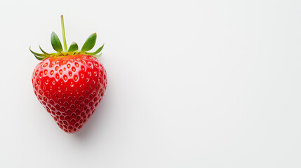 single ripe strawberry with green leaves on white background. vibrant red color and fresh appearance