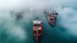 © Teeranan - A detailed view of multiple cargo vessels immobilized in a harbor shrouded in fog, highlighting the challenges of a shipping blockade and the effects on global trade dynamics