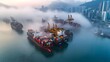 © Teeranan - A detailed view of multiple cargo vessels immobilized in a harbor shrouded in fog, highlighting the challenges of a shipping blockade and the effects on global trade dynamics