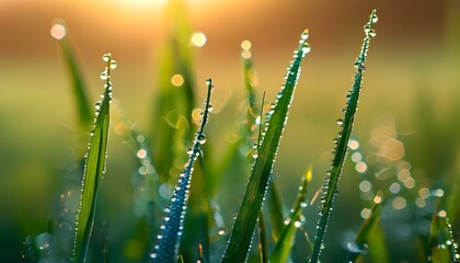 Wall Mural - Sunlit dew-kissed grass in a vibrant meadow during a serene summer morning