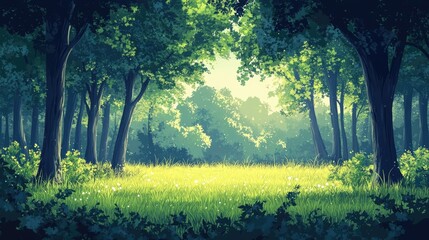 Wall Mural - Forest landscape with trees and grass in a nature-inspired vector illustration