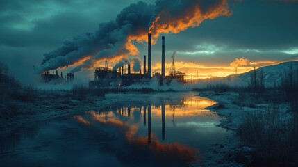 Wall Mural - Industrial Sunset with Smoke and Reflection