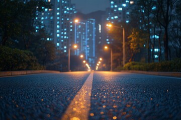 Wall Mural - Empty road, sidewalk with the the city at night in the background with copy space, Generative AI